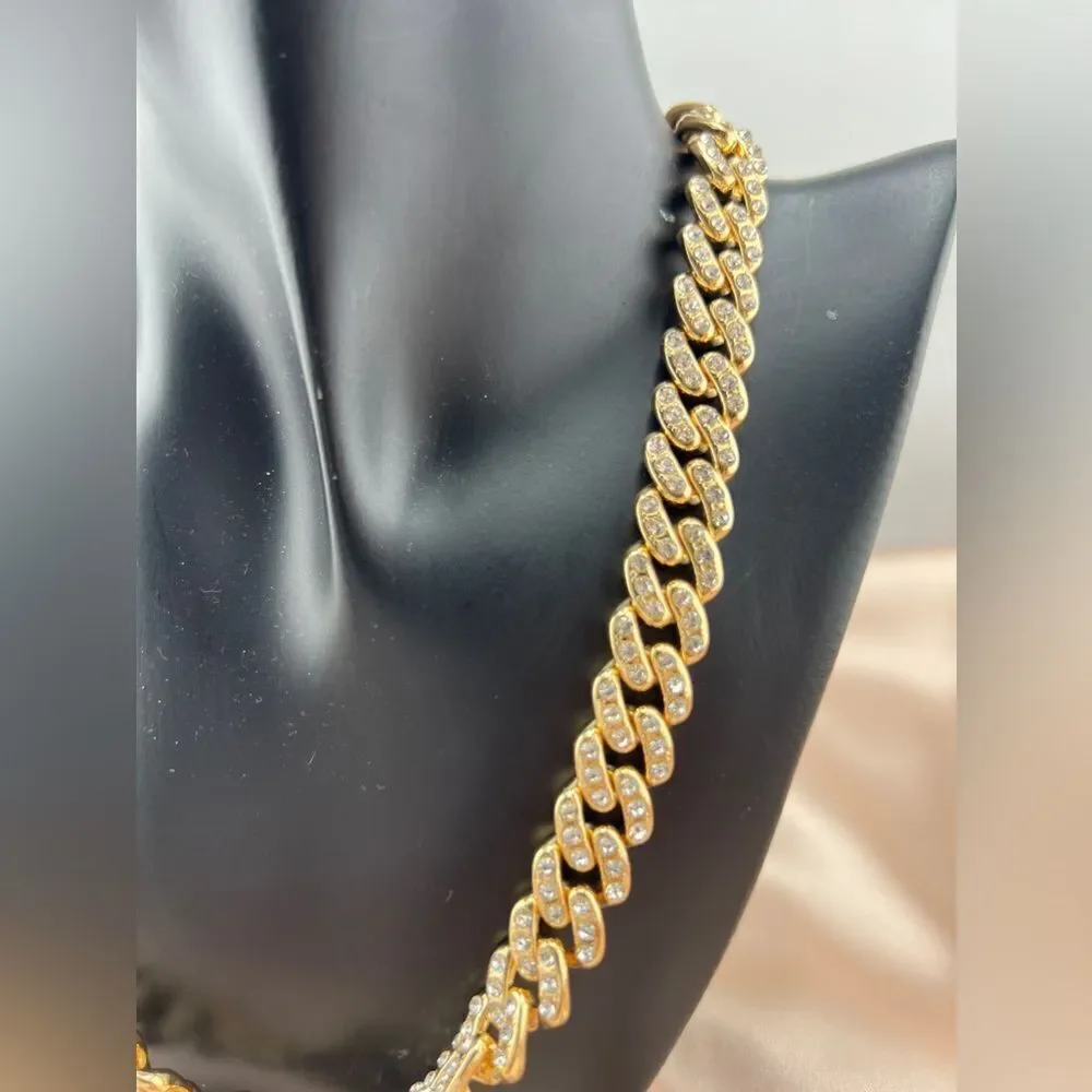 Gold-Tone Cuban Link Chain Necklace with Rhinestones